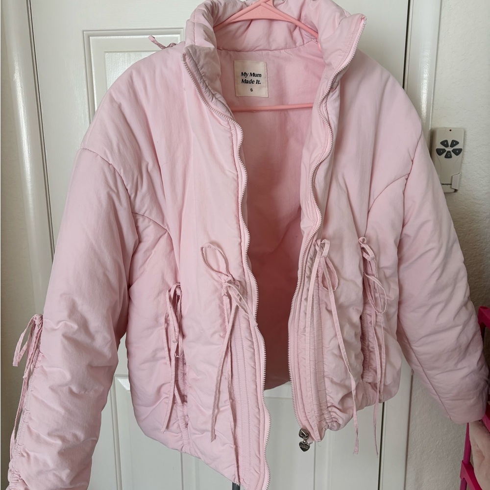 My mum made it Pink Puffer Jacket with bow Drawstrings